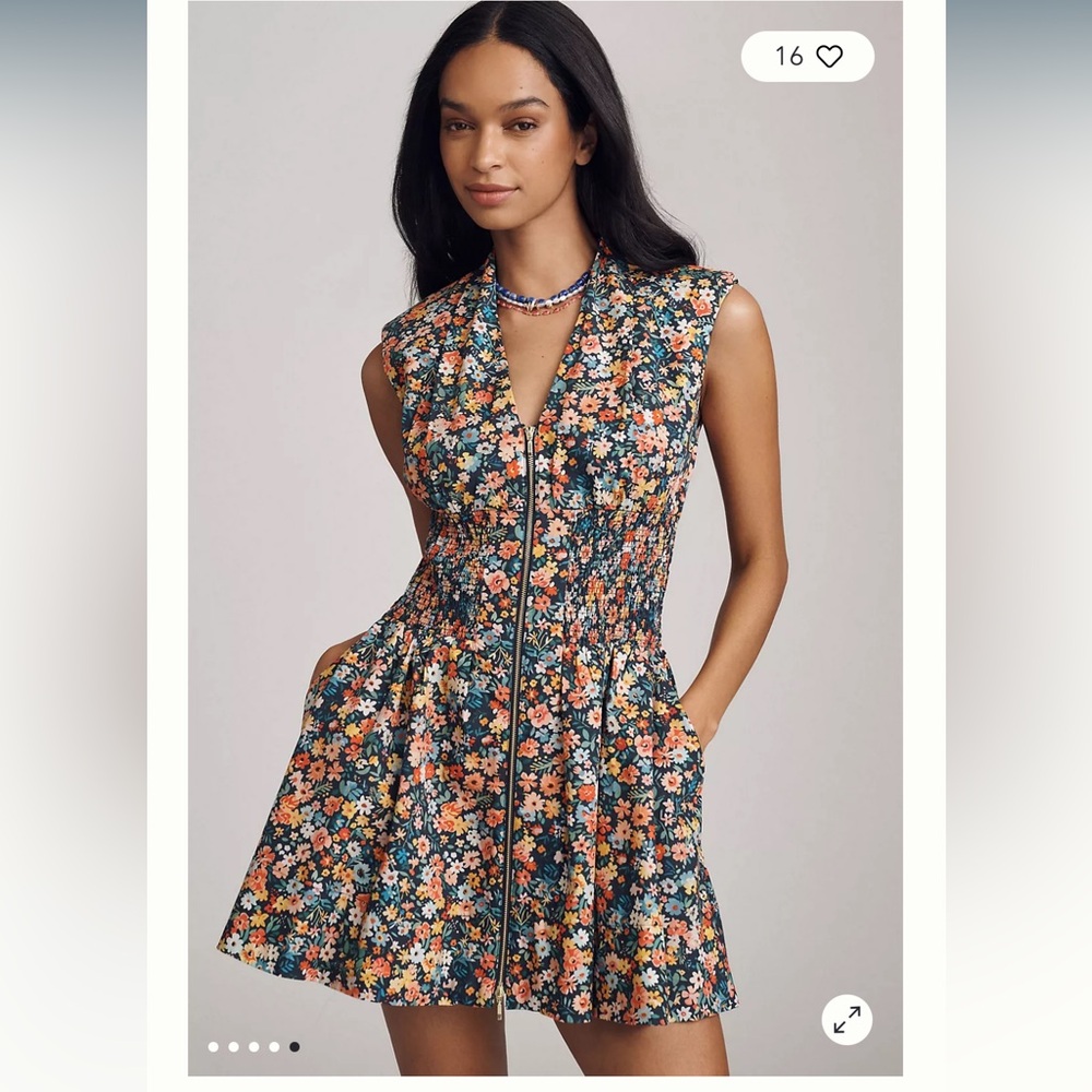 Maeve The Tommie Cap-Sleeve Smocked Front-Zip Shirt Dress: Mini Edition